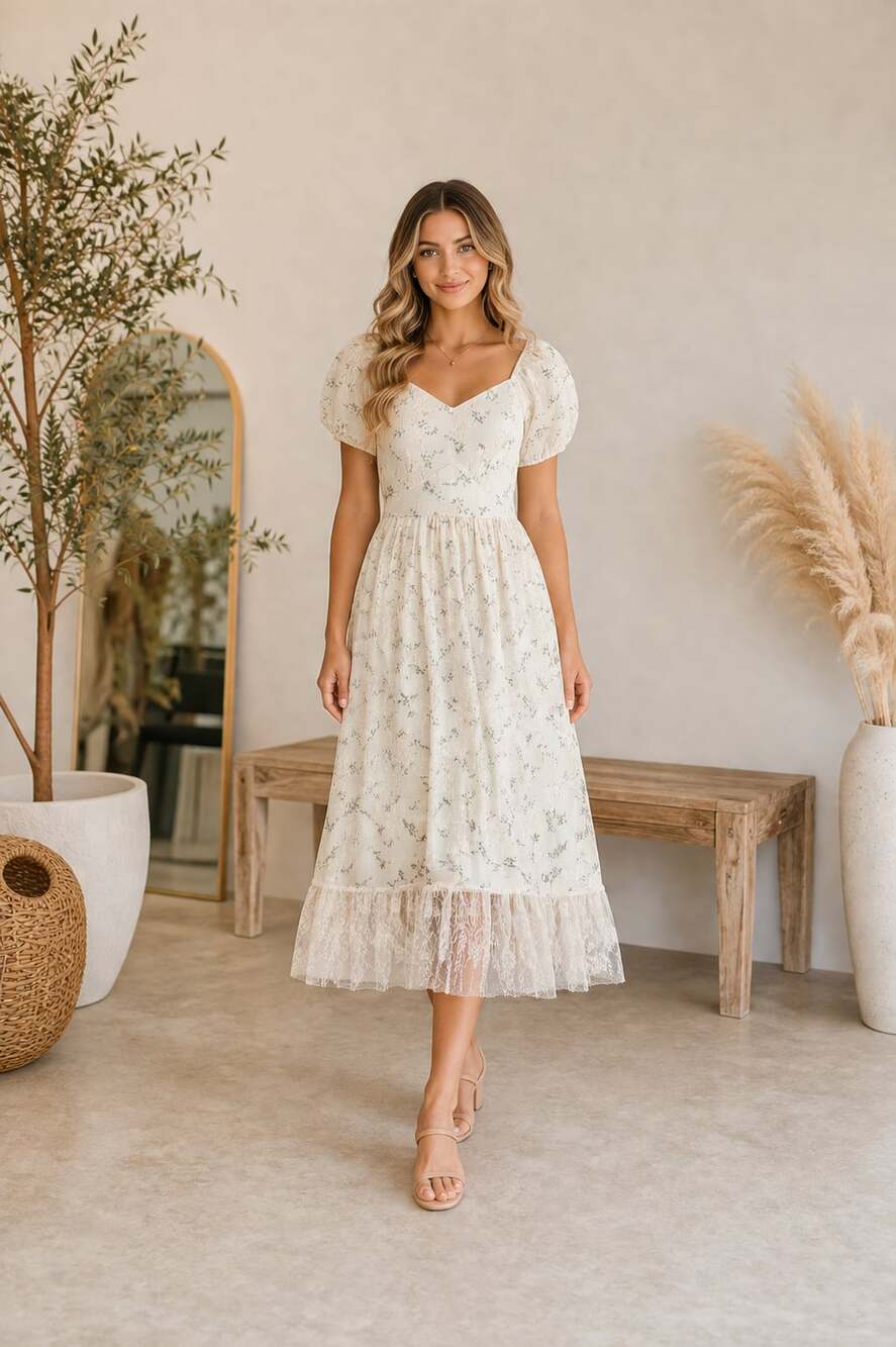 Sleeveless Puff-Sleeve Ivory Floral Midi Dress by